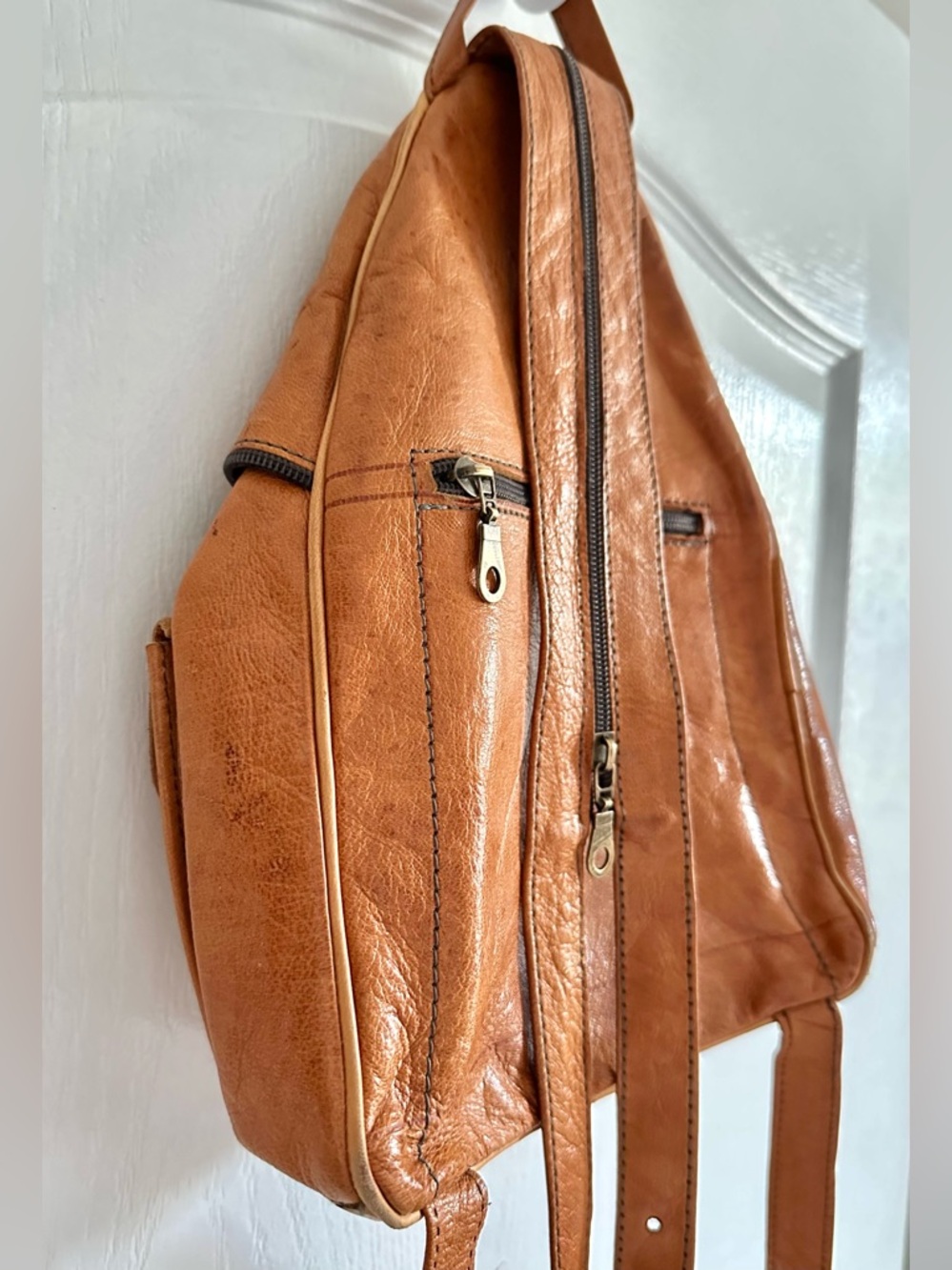 VINTAGE HANDMADE FULL GRAIN MOROCCAN BROWN LEATHER BACKPACK BAG - Picture 8 of 9